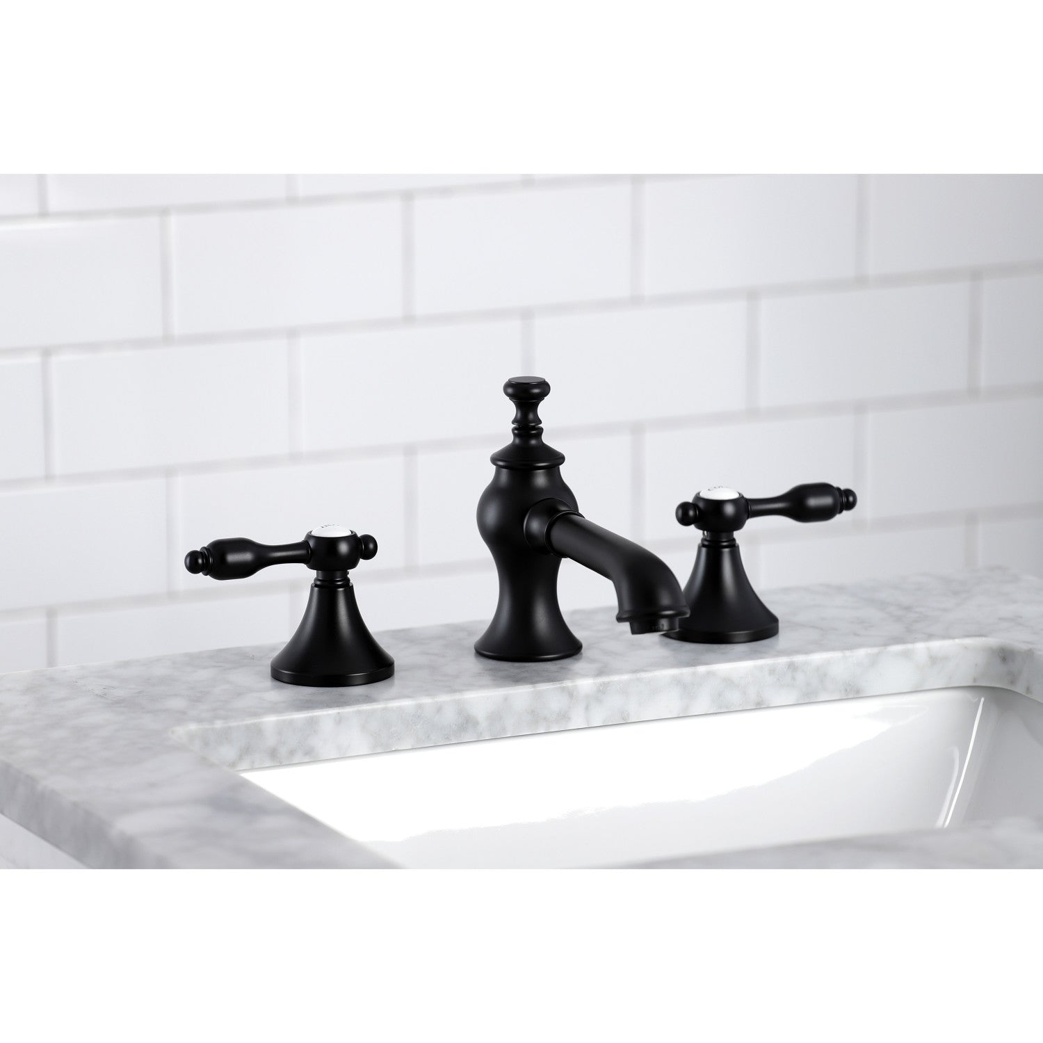 Kingston Tulare KC7060TAL - Tudor Two-Handle 3-Hole Deck Mount Widespread Bathroom Faucet with Brass Pop-Up, Matte Black — thumbnail 2